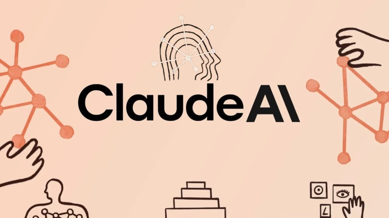Claude AI wordmark surrounded by illustrated network diagrams