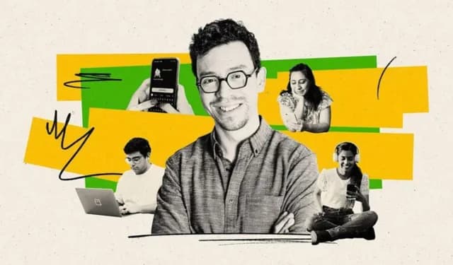 Duolingo team and learners in a branded collage