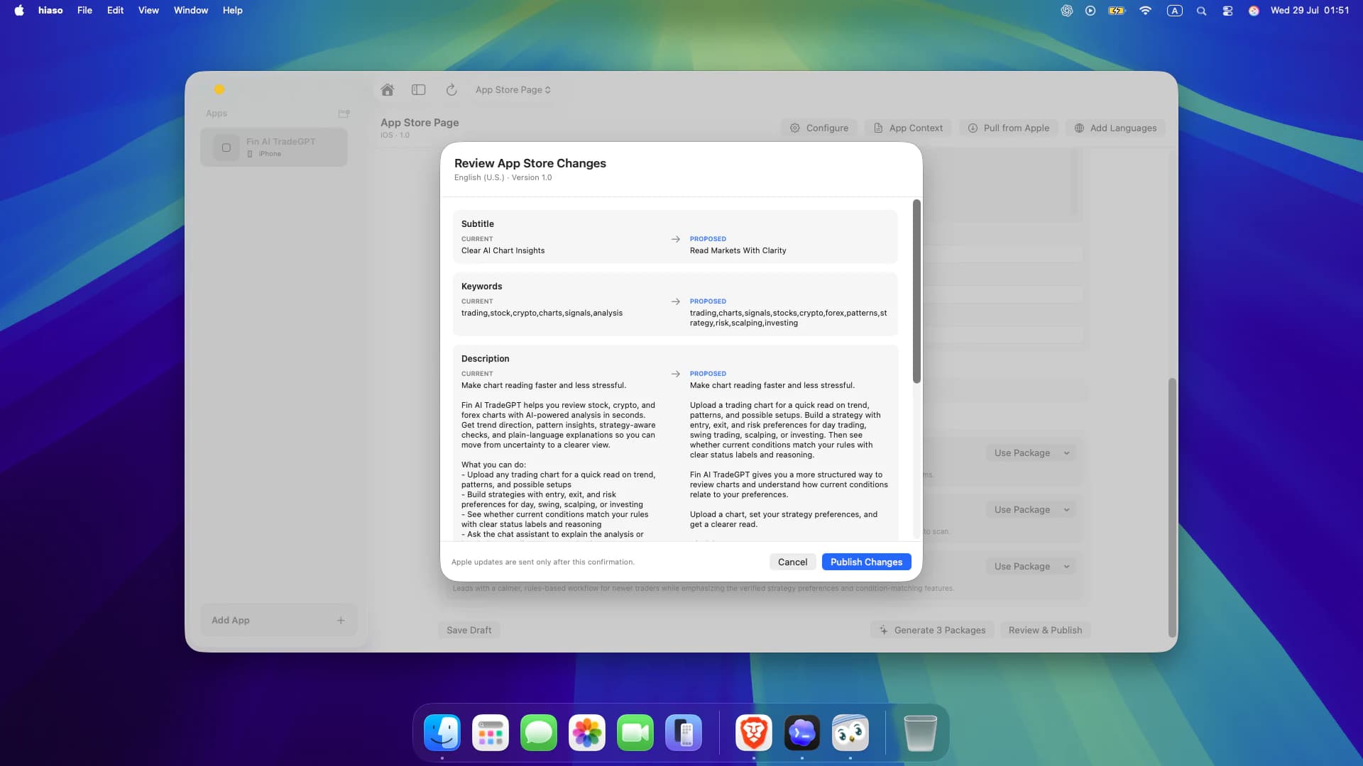 Reviewing current and proposed App Store metadata before publishing