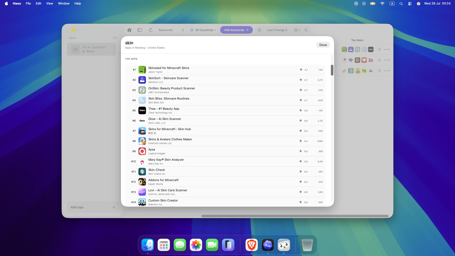 Top ranking apps for a keyword in Hiaso