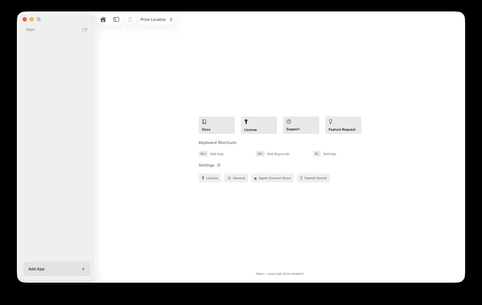 The Hiaso home screen with shortcuts to documentation, licensing and settings