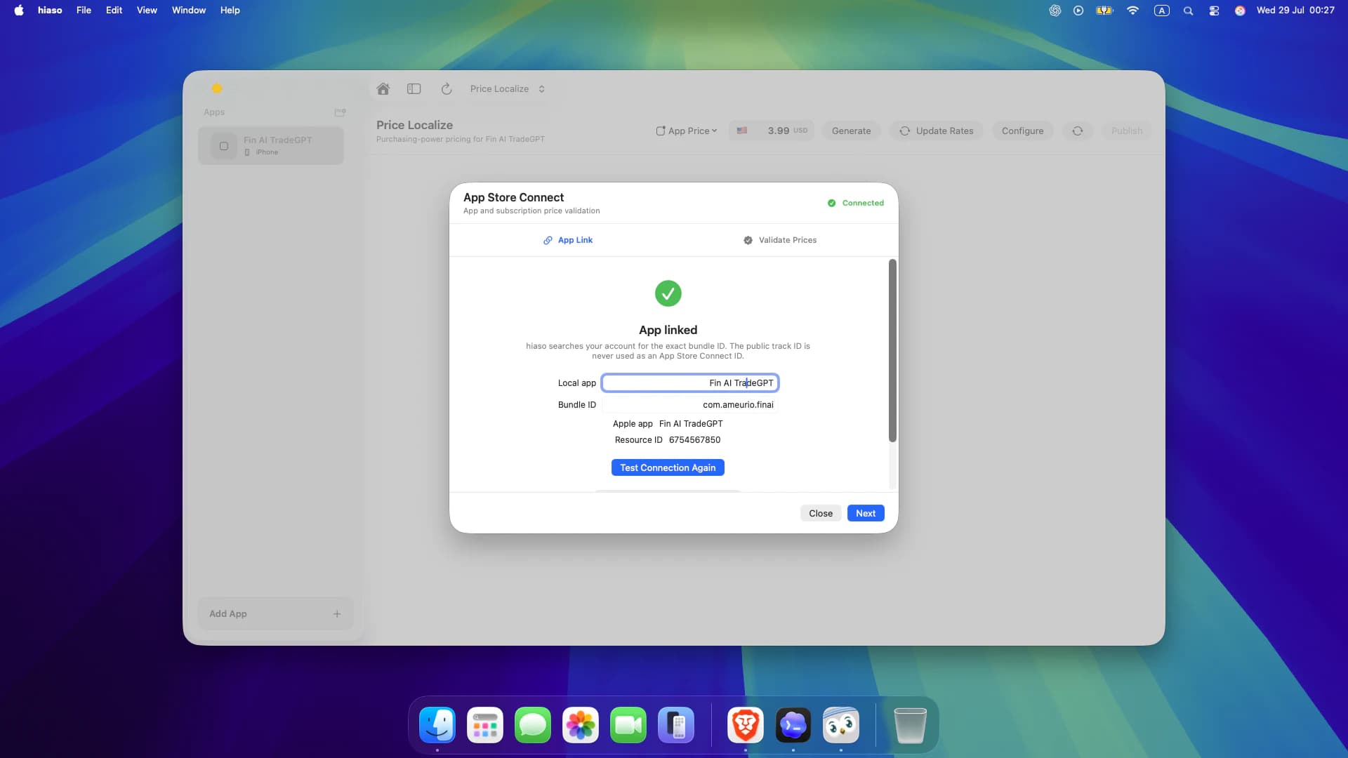 A Hiaso app successfully linked to App Store Connect