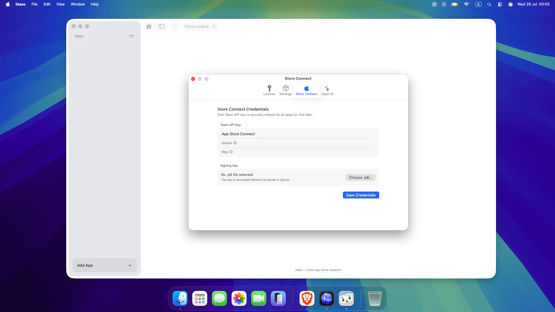 App Store Connect credentials screen in Hiaso